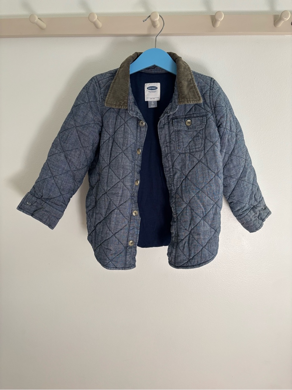 GAP Quilted Blue Puffer Jacket with Olive Corduroy Collar